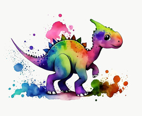 Naklejka premium Cute cartoon baby Parasaurolophus in bright splashes of color watercolor style created with Generative AI technology