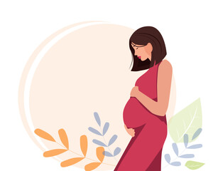 Pregnant woman, future mother and hugging her belly with arms. Vector illustration.