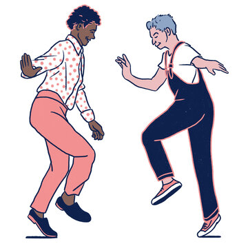 Two Men Swing Dance - Happy Dancing Young White Man In Jumpsuit Blue Hair And Black Man With Bright Pants - Isolated Transparent Background Png Clipart - Retro Couple Party Dance Illustration Art