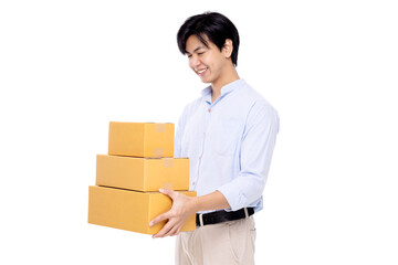 Happy young Asian man holding package parcel boxs isolated on transparent background. Delivery courier and shipping service concept. PNG file format