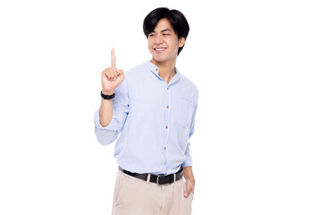 Attractive young smart Asian man pointing up with his finger isolated on transparent background....