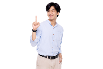 Attractive young smart Asian man pointing up with his finger isolated on transparent background. PNG file format.