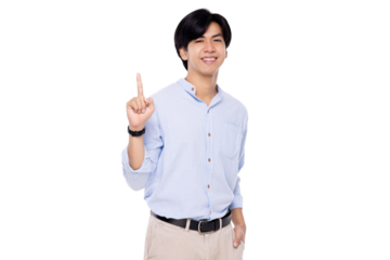 Attractive young smart Asian man pointing up with his finger isolated on transparent background. PNG file format.