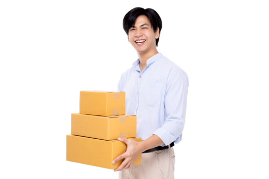 Happy young Asian man holding package parcel boxs isolated on transparent background. Delivery courier and shipping service concept. PNG file format