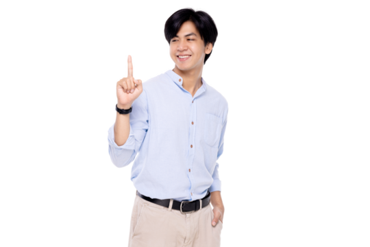 Attractive young smart Asian man pointing up with his finger isolated on transparent background. PNG file format.
