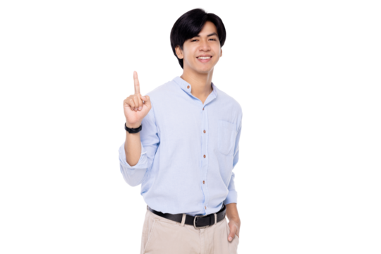 Attractive young smart Asian man pointing up with his finger isolated on transparent background. PNG file format.