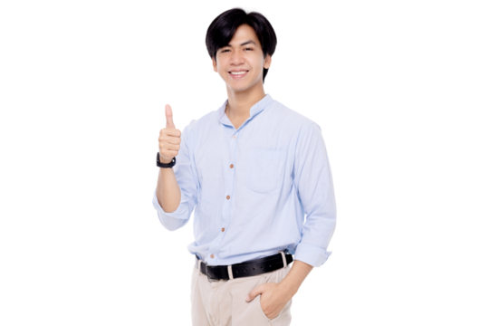 Attractive young smart Asian man showing thumb up isolated on transparent background. PNG file format.