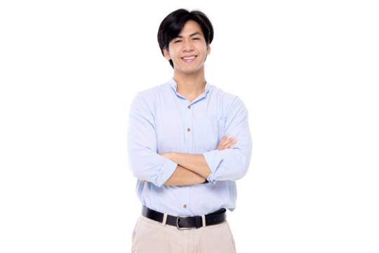 Attractive young smart Asian man crossing arms isolated on transparent background. PNG file format.