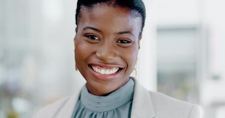Face, business and black woman with smile, success and confident ceo in workplace, advertising agency and startup company. Portrait, African female employee and manager with happiness and motivation