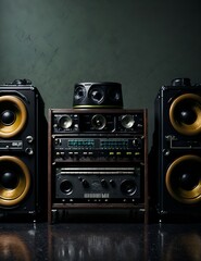 elegant black home sound system with gold colored speakers