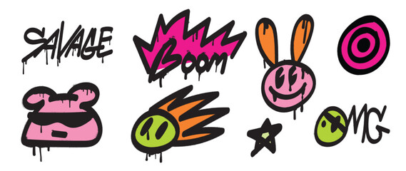 Set of graffiti spray paint vector. Colorful brush paint ink dripping texture collection of text, abstract element, comic face, bunny, star. Design for decoration, card, sticker. banner, street art.
