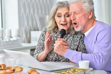 portrait of Senior couple and microphone and laptop