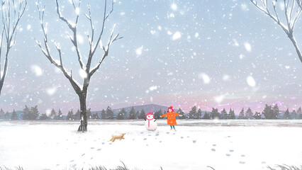 I Play Games With The Snowman In Winter Illustration