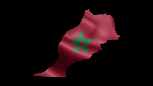 4K waving national flag of Morocco on the map. With alpha channel seamless Moroccon flag on territory. Outline geographic country border of Morocco stock video.
