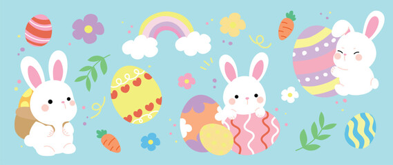 Happy Easter comic element vector set. Cute hand drawn fluffy rabbit, easter egg, spring flowers, leaf branch, rainbow. Collection of doodle bunny and adorable design for decorative, card, kids.