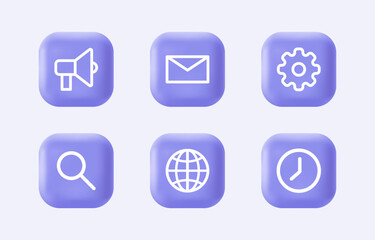 3d business icon set for company. Homepage settings, mail, web site, megaphone on realistic violet buttons. Modern infographic logo and pictogram collection. Vector cartoon illustration.