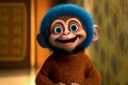 Cartoon monkey with blue hair is smiling. Generative AI.