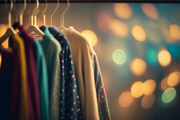 Close up image of clothes rack with stylish and elegant clothes in fashion atelier, generetive ai