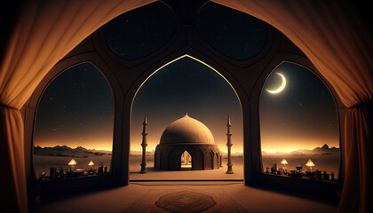 Fototapeta na wymiar Ramadan night the crescent moon hangs high in the sky, window view - Generative Ai
