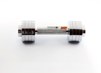 A syringe to inject steroids and doping substances in athletes, next to gym dumbbells