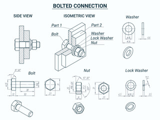 Bolt nut connection. Vector technical poster with bolted connection of two parts. Bolt, nut, washer, lock washer - side view with dimensions and isometric drawing. Editable line thickness. - 579260968