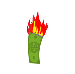 Money is on fire. burning dollars. Vector illustration