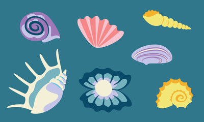 Set of different seashells in flat style. Beautiful design elements.