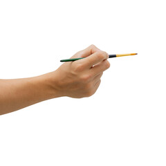 close up artist man hand use paintbrush to drawing or painting on work isolated on transparent...