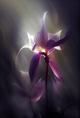A young orchid in light purple tones:: holy light spectral light flowers , the petals are flashing gray light, background gray, light, reflection, ai illustrations, ai generative