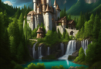 A medieval European-style castle nestled in a forest with large, ancient trees by a crystal clear green lake