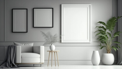 Blank picture frame mockup on gray wall. White living room