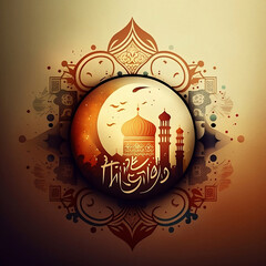Illustration Art of Islamic Arabic Style Background Design Template with Mosque, Ai Generative