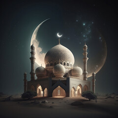 Islamic Arabic Vintage Mosque or Castle Design Concept of Ramadan Kareem or Eid Mubarak, Generative Ai