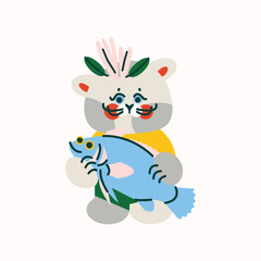 Funny cat with a blue fish. Cute vector illustration, postcard, print