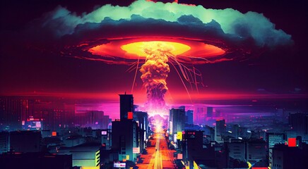 Painting of nuclear bomb explosion over a cyber city with skyscrapers during world war.