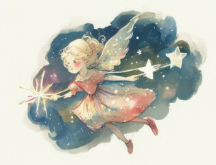 A magical fairy godmother flying through the stars with her wand her light a source of hope and wonder. Cute creature. AI generation.