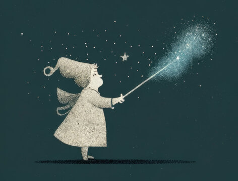 majestic fairy godmother her wand in hand sprinkling glittery dust in the sky. Cute creature. AI generation.