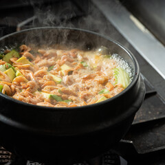Stew boiling in an earthenware pot	