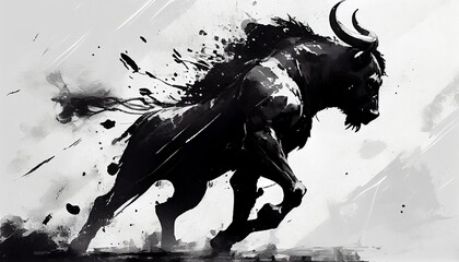 a painting drawing of aggressive buffalo bull by watercolor dark style, Generative AI, illustration