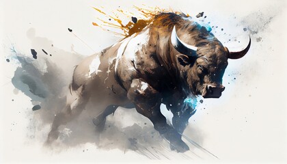 a painting drawing of aggressive buffalo bull by watercolor dark style, Generative AI, illustration