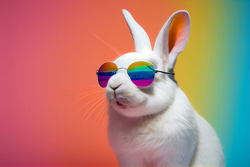 Fototapeta premium Cool bunny with sunglasses on colorful background. Generative Ai