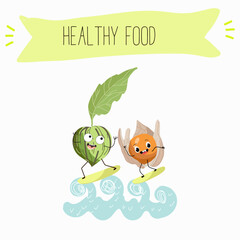 Illustration with funny characters tomatillo, tomato, physalis, uvilla, phisalis, uchuva, phisalys, 
ground cherry,   Funny and healthy food. Vitamins, cute face food, ingredients, vegetarian, vector 
