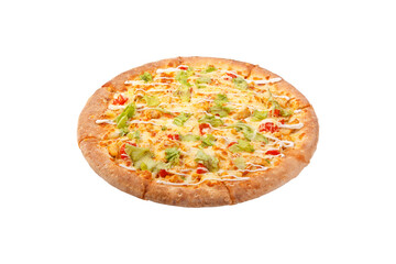 Side view on Pizza with Chicken Breast, Pineapple and Mozzarella Cheese.