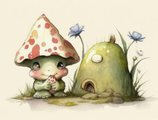 A mischievous goblin peeking out of a glossy toadstool Cute creature. AI generation.