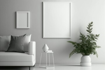 Blank square frame mockup for artwork or print on white or gray wall with eucalyptus green plant in vase and sofa scandinavian style, copy space.
