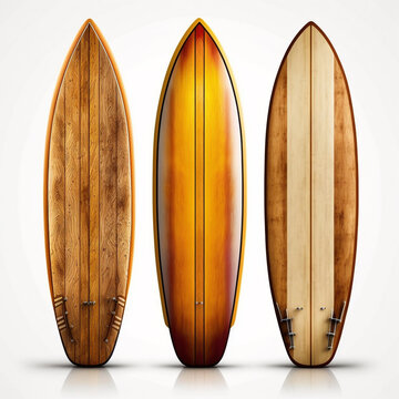 Experience the Beauty of Handcrafted Longboard Surfboards. Isolated and Iconic: Vintage Wooden Longboards Steal the Show. AI Generated Art.