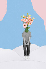 Fototapeta Young stranger guy roses bush grow instead head put inside white paper colorful conceptual collage composition poster card banner obraz