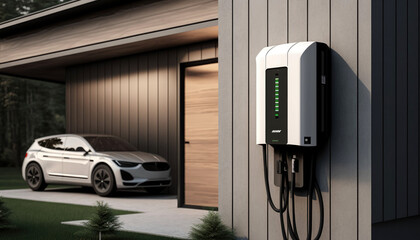 EV car and home charging station. Generative AI