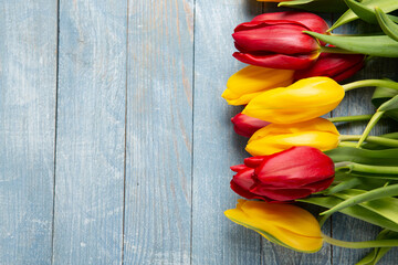 Banner with bouquet of tulips in pink and white colors. Concept of spring. Flowers background.