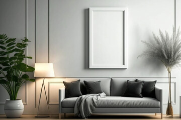 Blank square frame mockup for artwork or print on white or gray wall with torchere, eucalyptus green plant in vase and sofa scandinavian style, copy space.
